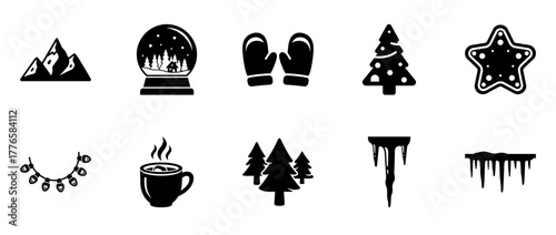 Winter symbols collection: mountains, snow globe, mittens, and holiday icons