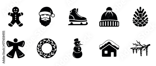 Winter icons: gingerbread, santa, ice skates, beanie, pine cone, snowman, snowy house