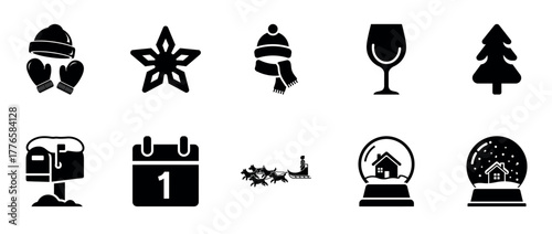 Winter holiday icons: mittens, snowflake, scarf, wine glass, tree, mailbox, calendar, sleigh, snow globe