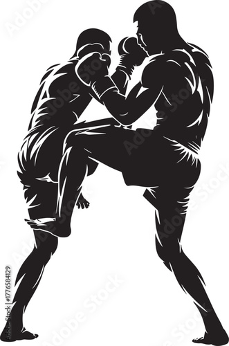 Muay Thai fighters silhouette executing powerful knee strike during extreme combat sports bout