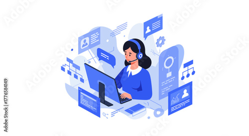 Female Customer Service Representative Working on Computer with Headset.