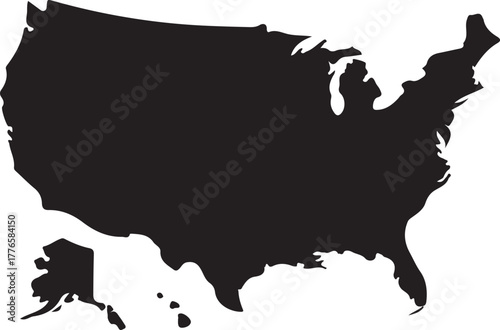 United States of America Map Silhouette Black and White Political Geography Cartography Shape Territory Nation Contour Border