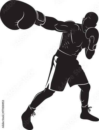 Powerful boxer throwing cross punch silhouette vector illustration aggressive action fight