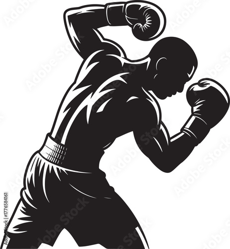 Muscular boxer silhouette ducking defensive punch detailed athletic body vector graphic element