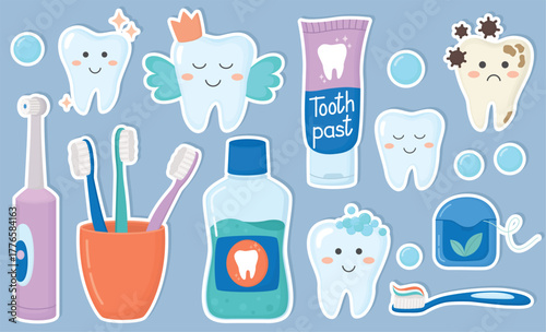 Stickers with cute teeth and oral hygiene products. illustration with cute characters, toothpaste, mouthwash, toothbrushes and dental floss 