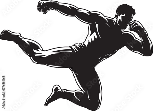 Powerful martial artist performing athletic mid air jump kick fighting sports silhouette vector illustration