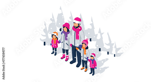 Isometric winter family skiing adventure in snowy forest