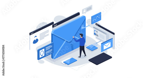 Man Interacting with Digital Email Envelope Illustration.