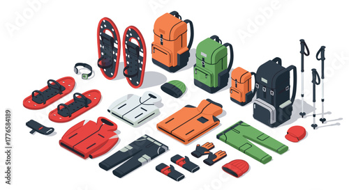 Isometric winter hiking gear set with backpacks and outerwear for outdoor activities