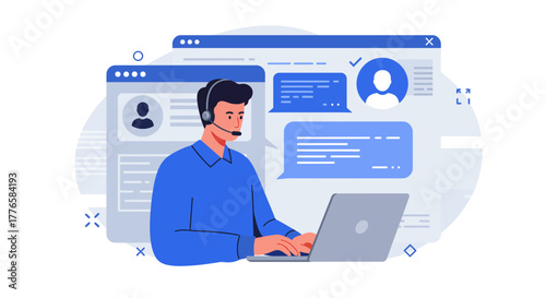 Customer Service Representative Using Laptop and Headset.