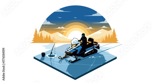 Scenic winter adventure with snowmobile and ice fishing at dawn