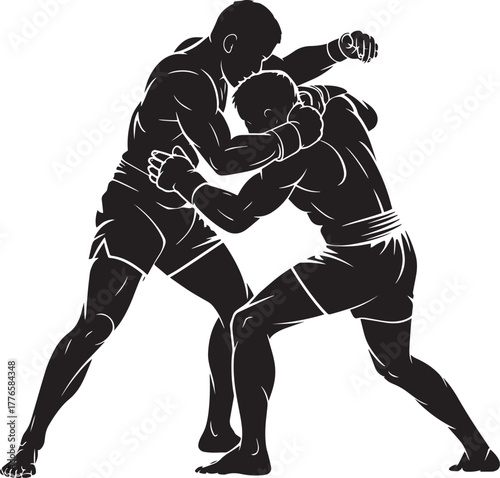 Two mixed martial arts fighters grappling in clinch position vector silhouette illustration