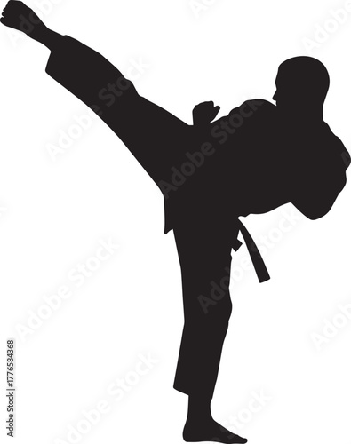 Traditional karate silhouette executing extreme high side kick martial arts discipline power vector symbol