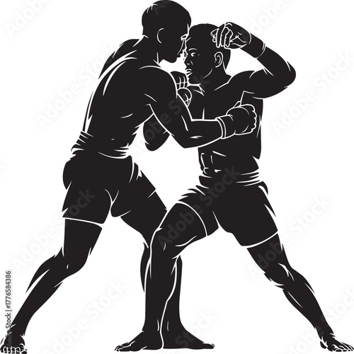 Two professional boxers facing off in defensive stance combat sport training vector silhouette