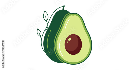 Fresh Avocado Halved with Pit and Whole Avocado with Leaves.