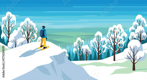 Winter adventure snowboarder enjoying scenic mountain landscape