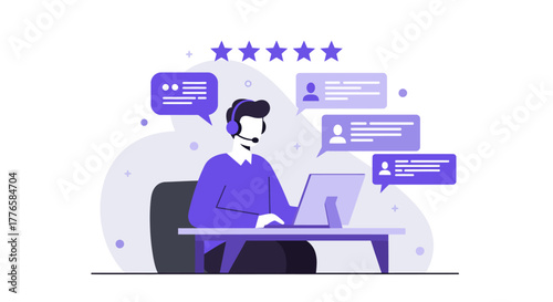 Customer Service Representative with Headset and Computer.