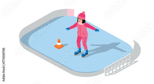 Isometric ice skating rink with child skater in pink winter outfit and safety cone