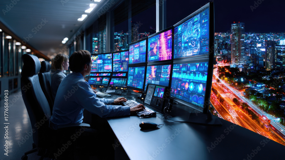 Obraz premium Smart city control centre with AI dashboards managing traffic and energy, glowing night city grid, high-tech operations hub