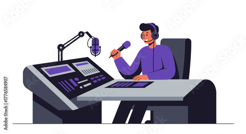 Cartoon Radio Host Broadcasting with Microphone and Desk.