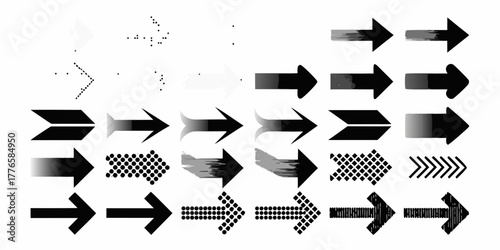 Collection of diverse black arrow icons with various textures and styles on a white background