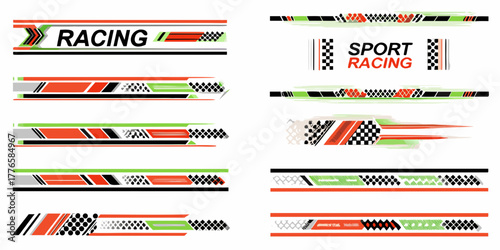 Collection of dynamic racing sport stripes and decals with checkered flags and abstract patterns
