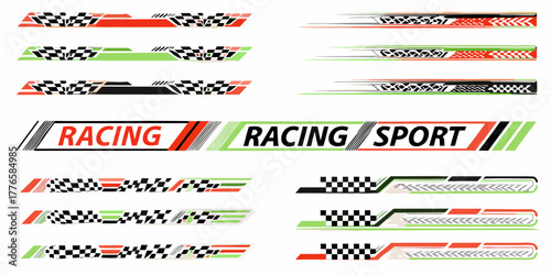 Collection of racing sport checkered flag graphic elements and speed lines for automotive design