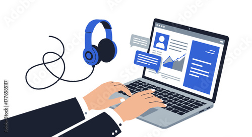 Person Working on Laptop with Headphones Illustration.