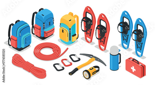 Essential isometric camping gear for hiking and outdoor adventures