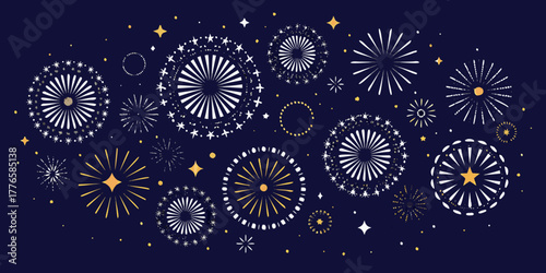 Festive abstract fireworks display with gold and white bursts against a dark navy blue background celebrating holidays and events