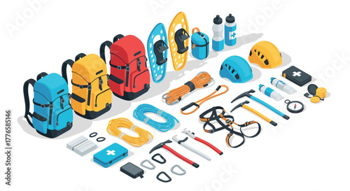 Essential isometric winter hiking gear with backpacks, helmets, and tools for outdoor adventures