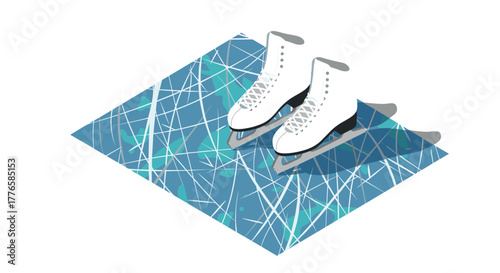 Elegant white ice skates on textured blue ice surface with shadow overlay