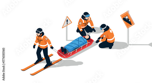 Mountain rescue team assisting injured skier in winter emergency scene
