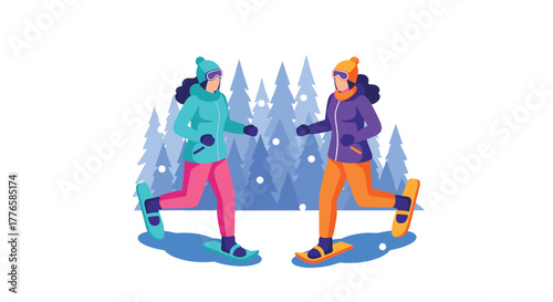 Winter fun two people snowshoeing in vibrant winter forest scene