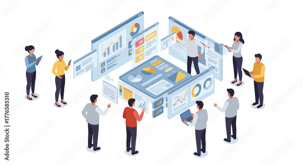 Fototapeta premium Isometric Team Analyzing Data on Digital Screens.