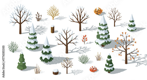 Isometric seasonal trees collection winter, spring, autumn variations with shadows