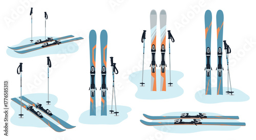 Winter ski equipment set with ski poles and skis in modern flat design