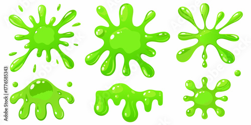 Collection of six vibrant green slime splatters and blobs with glossy texture and dripping effects