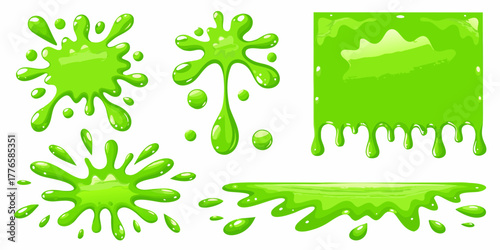 Collection of vibrant green slime splatters and drips in various cartoon styles