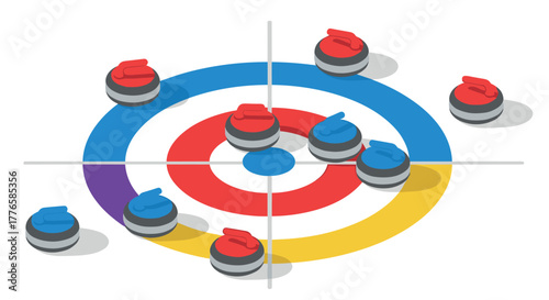 Isometric curling stones on multicolored target in 3d rendering