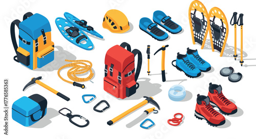 Isometric mountain gear collection featuring backpacks, climbing tools, and snowshoes for outdoor adventures