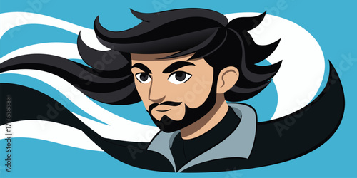 Illustration of a man with black hair and beard against a blue and white background with waves