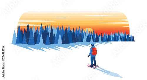 Winter adventure snowshoeing into a vibrant sunset with evergreen forests
