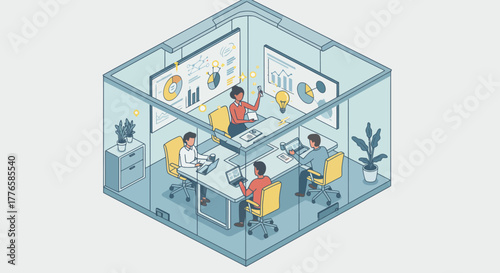 Isometric Illustration of Business Team Meeting in Office.