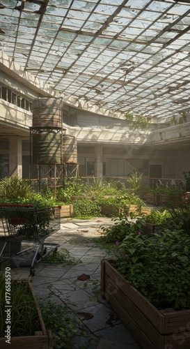 Overgrown indoor atrium features a broken glass ceiling and repurposed water storage tanks