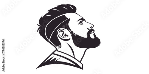 Illustration of a man's face with dark hair and a beard on a light blue background image view