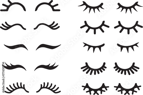 Vector cartoon eyelashes set. Long, fake eyelashes extension. Closed eyes. Different types of eyelash extensions. icon collection. hand drawn set
