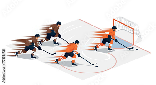 Dynamic ice hockey players in motion scoring a goal