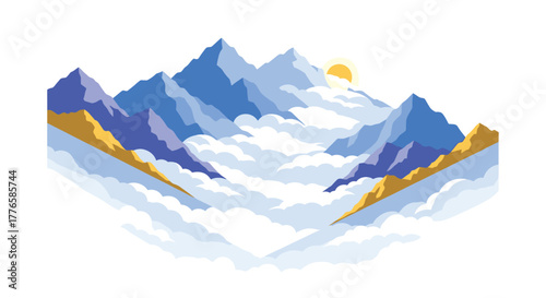 Majestic mountain landscape with sunrise and clouds in flat style