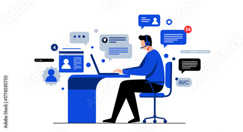 Customer Service Representative Working on Laptop with Headset.